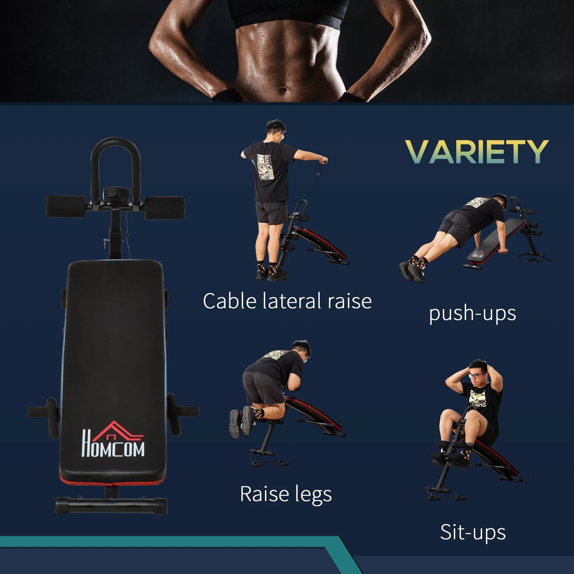 Adjustable Sit-Up Bench, Core Workout Abdominal Strength Building, Foldable Design w/ Bands for Home Gym Exercise Black Bench Building
