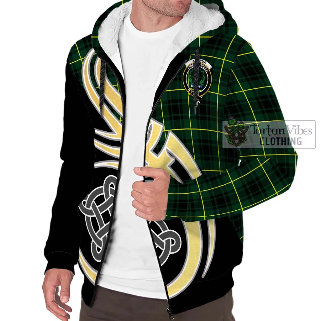 Arthur Modern Tartan Sherpa Hoodie with Family Crest and Celtic Symbol Style