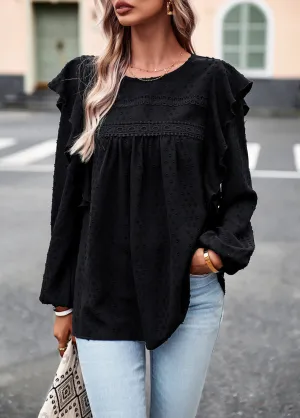 Black Long Sleeve Blouses Ruffle Dot Loose Fit Casual Tops