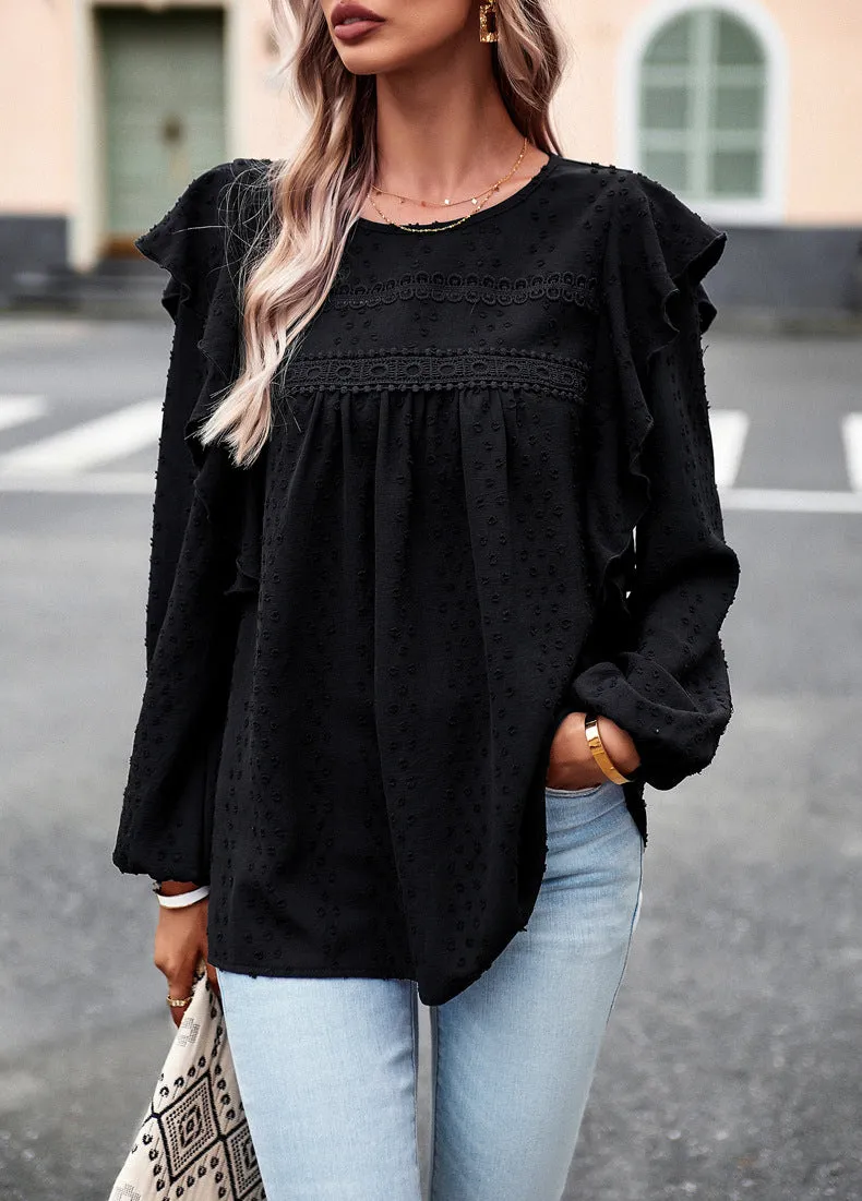 Black Long Sleeve Blouses Ruffle Dot Loose Fit Casual Tops
