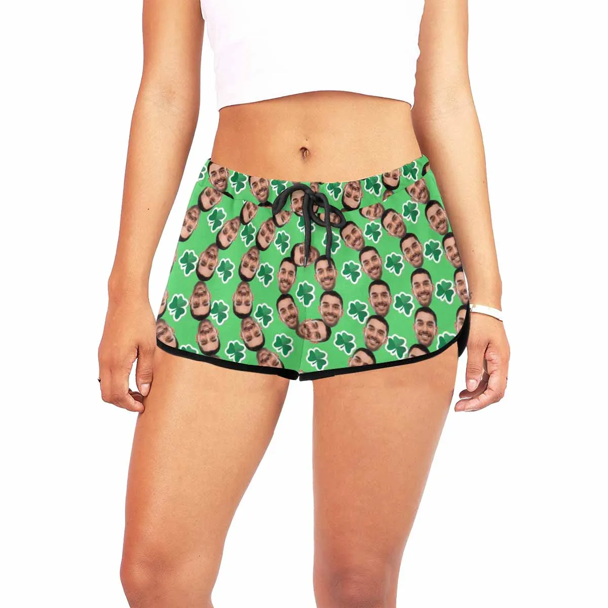 Custom Husband Face Elliptic Green Background Beach Board Shorts Swim Trunks Personalized Women's Casual Yoga Shorts