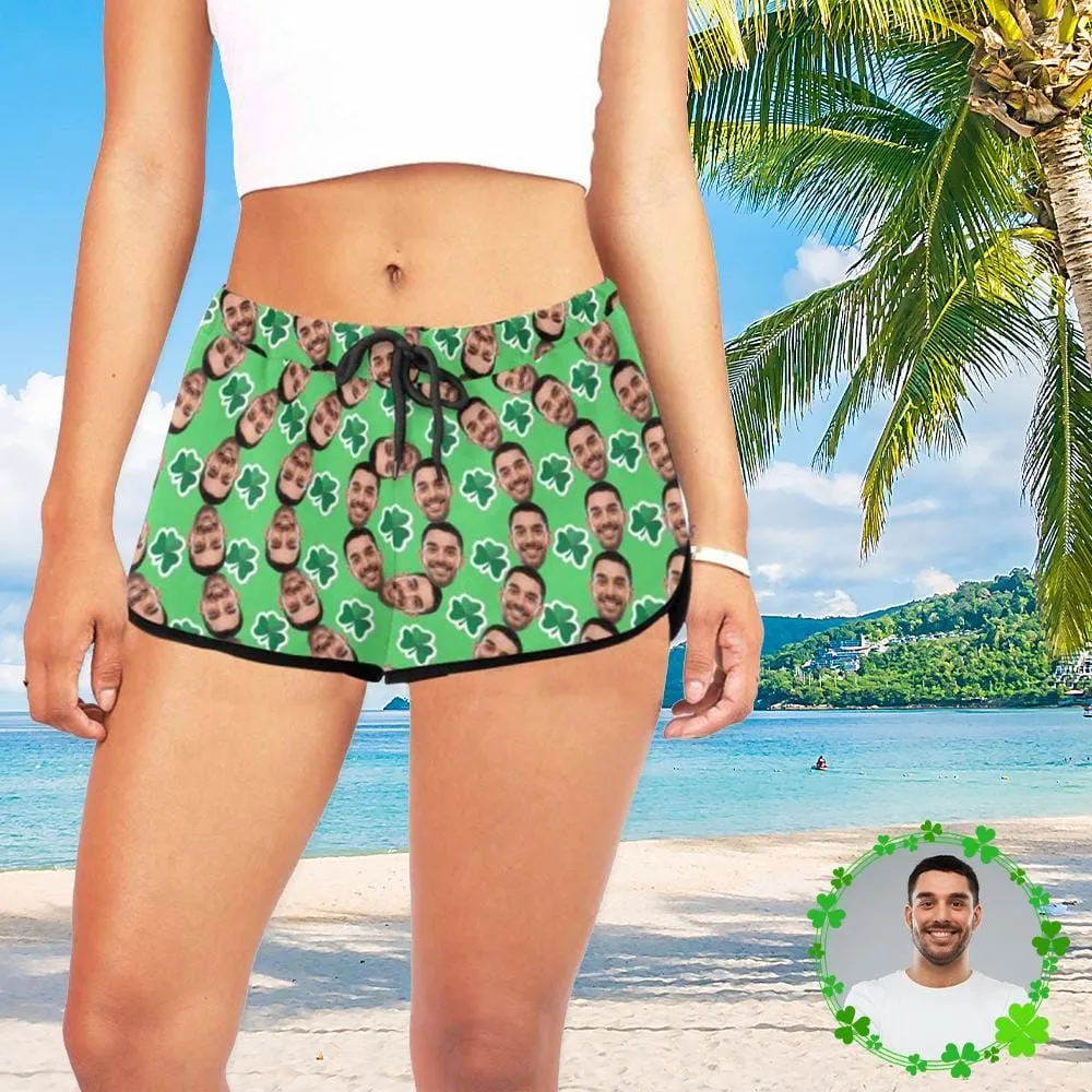 Custom Husband Face Elliptic Green Background Beach Board Shorts Swim Trunks Personalized Women's Casual Yoga Shorts