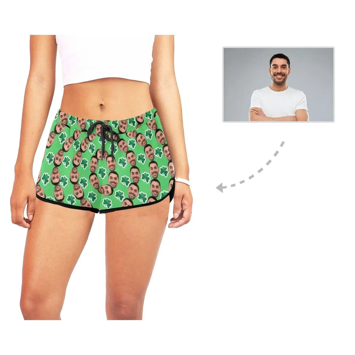 Custom Husband Face Elliptic Green Background Beach Board Shorts Swim Trunks Personalized Women's Casual Yoga Shorts