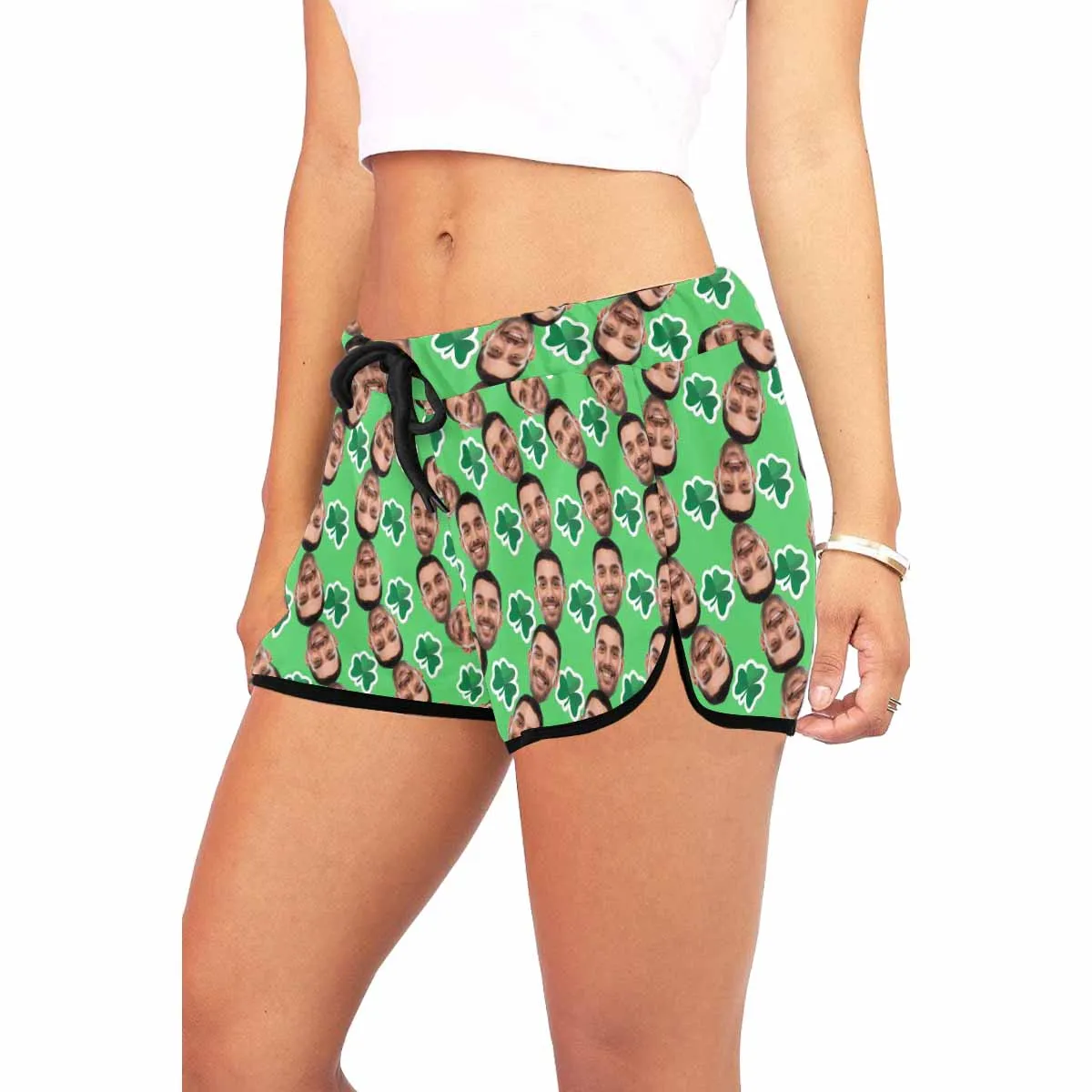 Custom Husband Face Elliptic Green Background Beach Board Shorts Swim Trunks Personalized Women's Casual Yoga Shorts