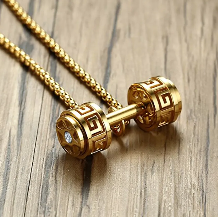 Dumbbell Bodybuilding Gym Necklace Exercise Workout Mr. Olympia Chain Gold Stainless Steel 24in.