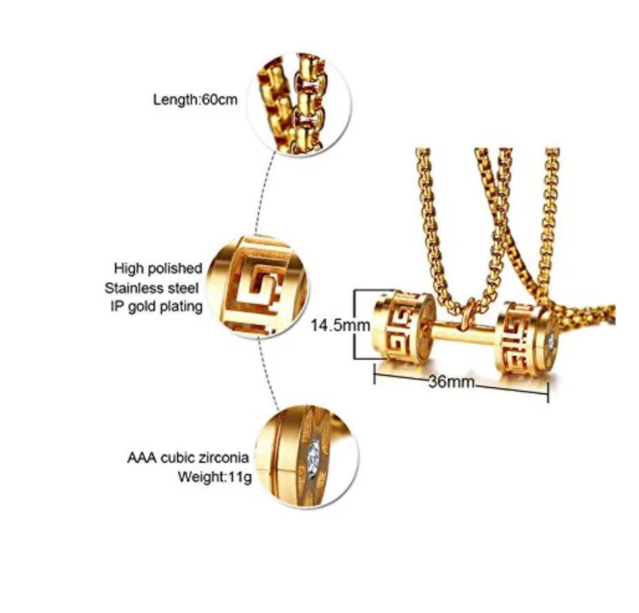 Dumbbell Bodybuilding Gym Necklace Exercise Workout Mr. Olympia Chain Gold Stainless Steel 24in.