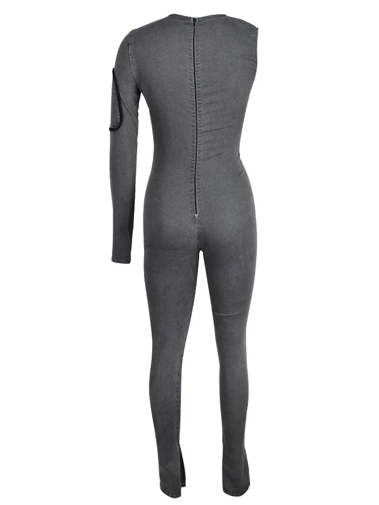 Grey Denim One Shoulder Long Sleeve Jumpsuit