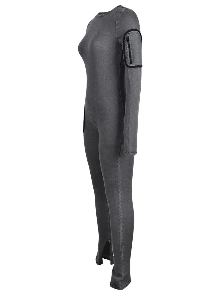 Grey Denim One Shoulder Long Sleeve Jumpsuit