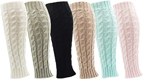 Leg Warmers for Women, 6 Pairs Knee High Cable Knit Warm Thermal Acrylic Winter Sleeve (Assorted E)