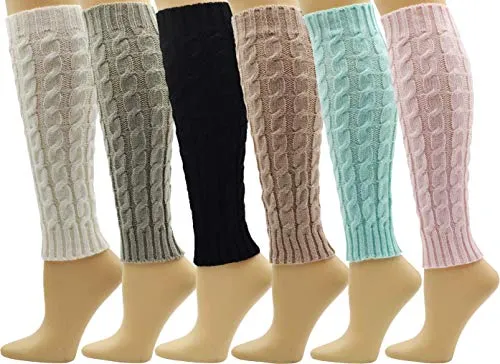 Leg Warmers for Women, 6 Pairs Knee High Cable Knit Warm Thermal Acrylic Winter Sleeve (Assorted E)