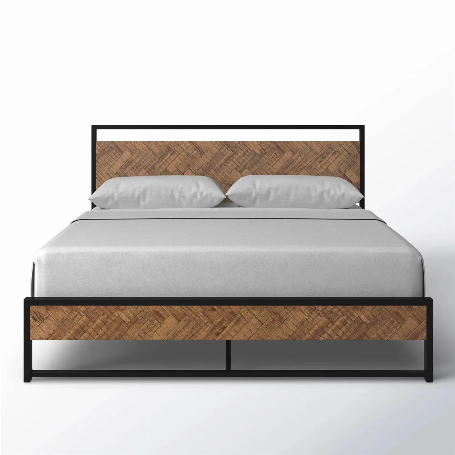 Queen Modern Industrial Metal Platform Bed Frame with Wood Headboard Footboard