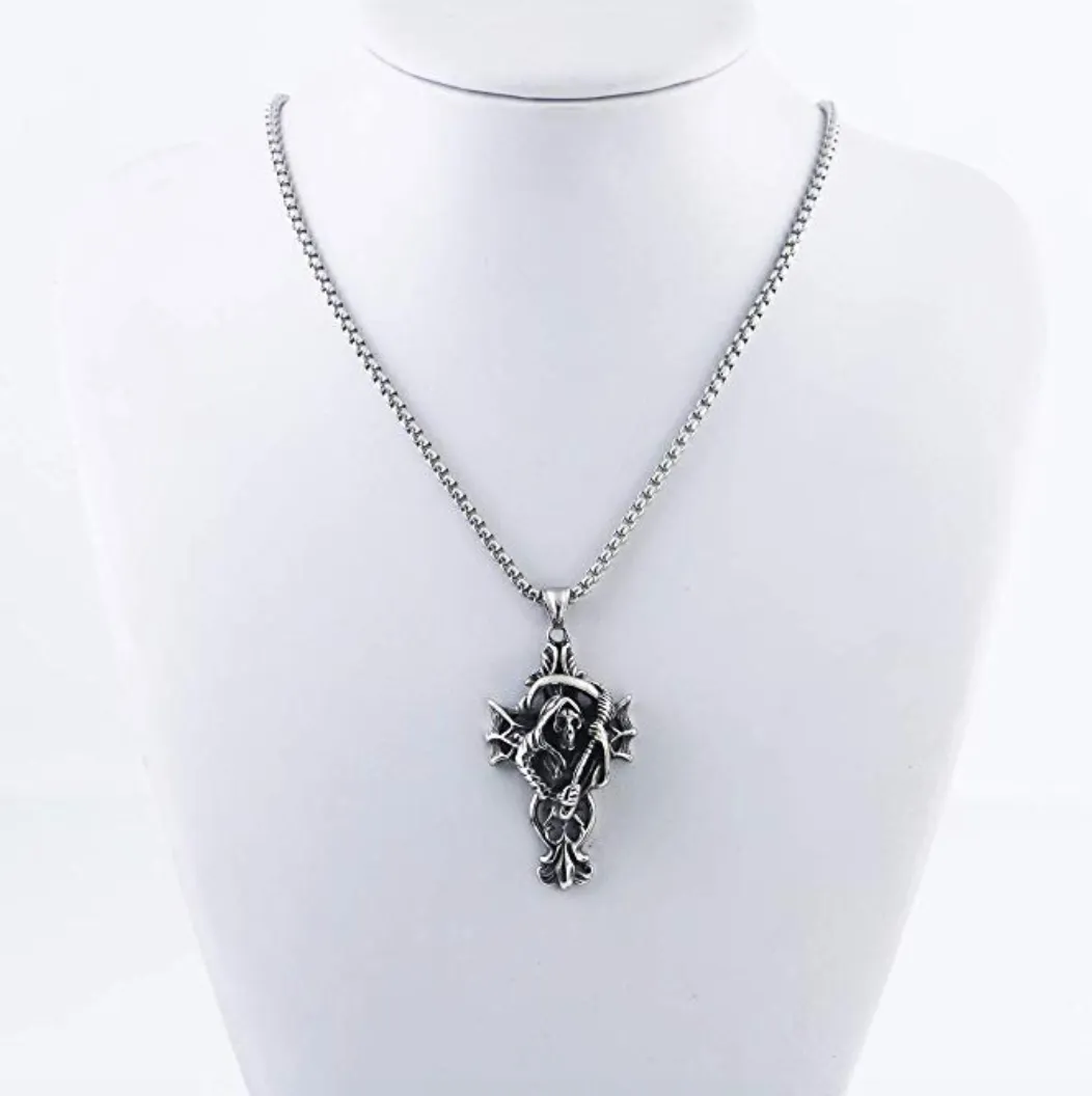 Stainless Steel Demon Grim Reaper Necklace Death Chain Gift Witch Devil Necklace Cross Scary Necklace 24in.