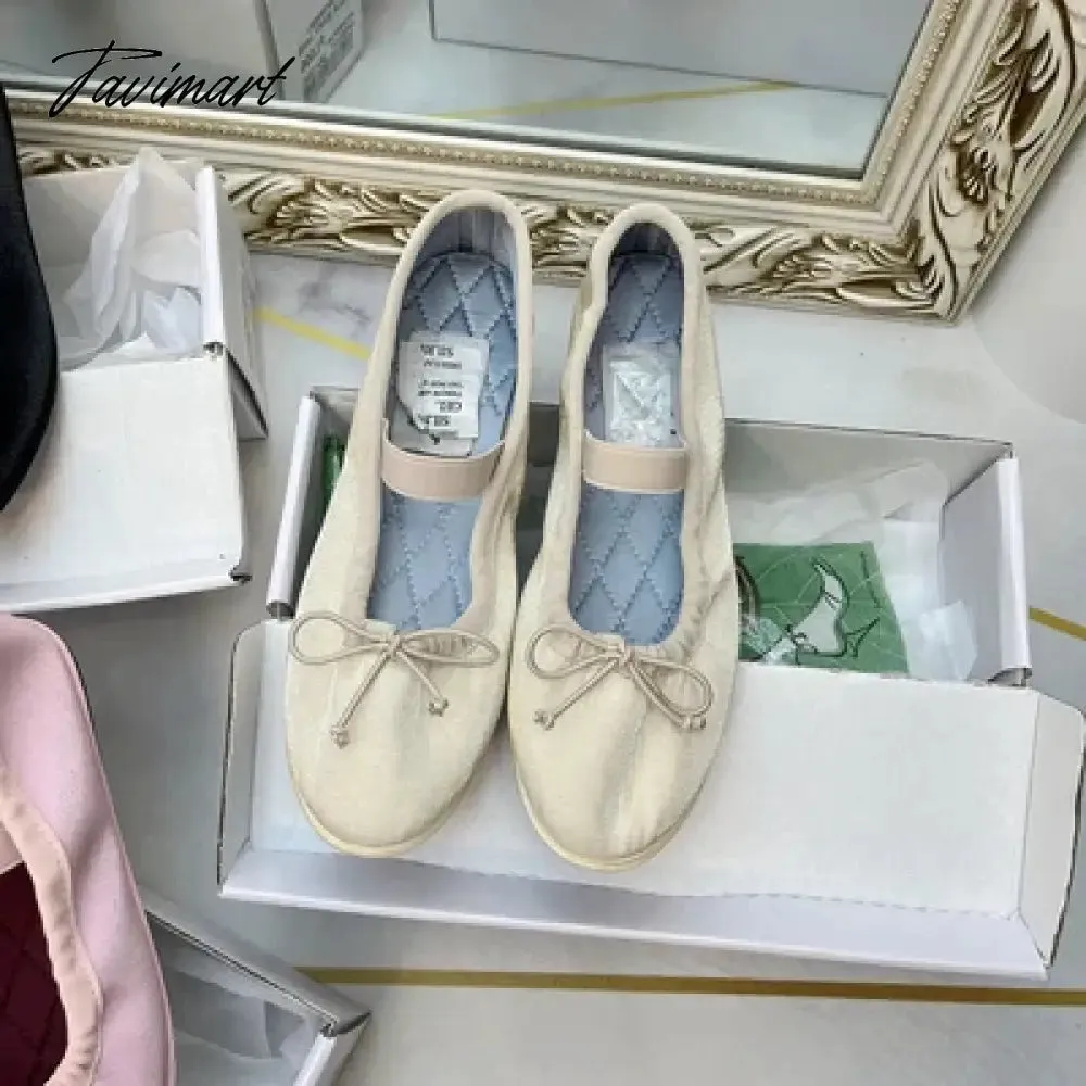 Tavimart Korea Flats Spring/Autumn Flats Women Shoes Fashion Mary Jane Shoes Round Toe Women's Shoes Bow Silk Satin Ballet Flats