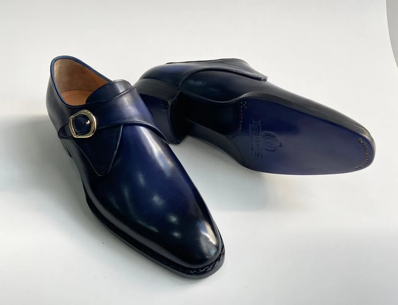 Tucci Di Lusso Mens Navy Blue handmade Italian leather luxury Monkstrap shoes