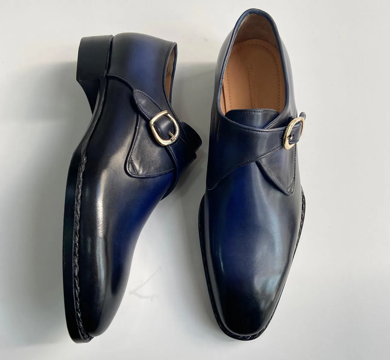 Tucci Di Lusso Mens Navy Blue handmade Italian leather luxury Monkstrap shoes
