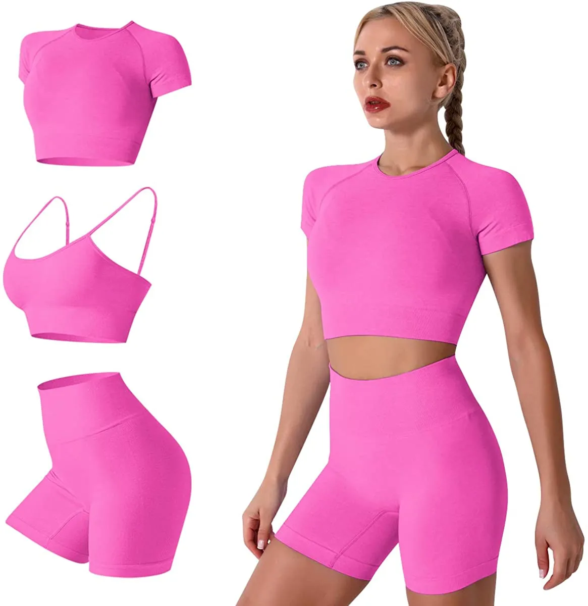 Women's Yoga Outfit Seamless Workout Set High Waist Exercise Shorts Pants with Sport Bra 3PCS Tracksuit Gym Tracksuits
