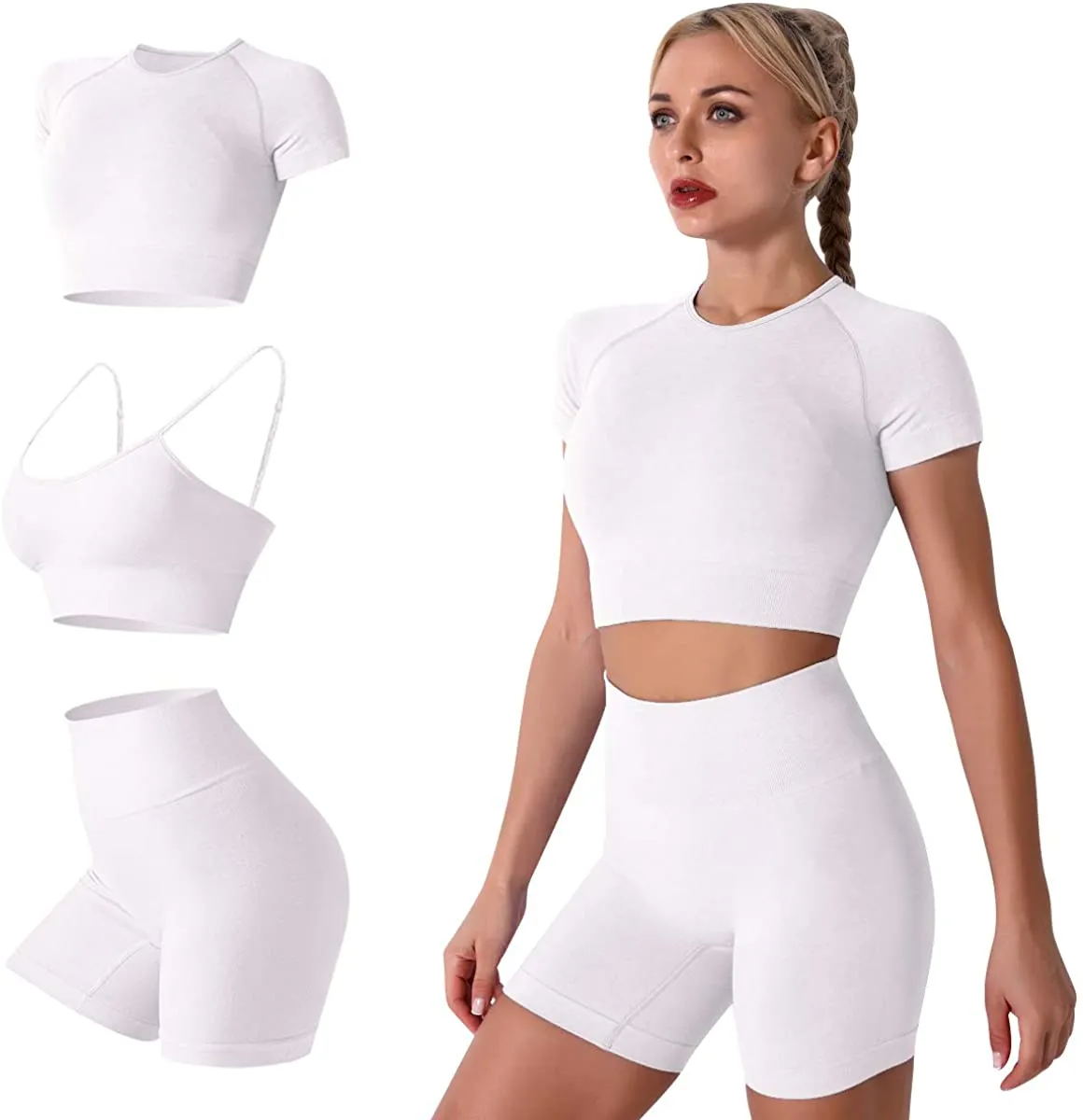 Women's Yoga Outfit Seamless Workout Set High Waist Exercise Shorts Pants with Sport Bra 3PCS Tracksuit Gym Tracksuits
