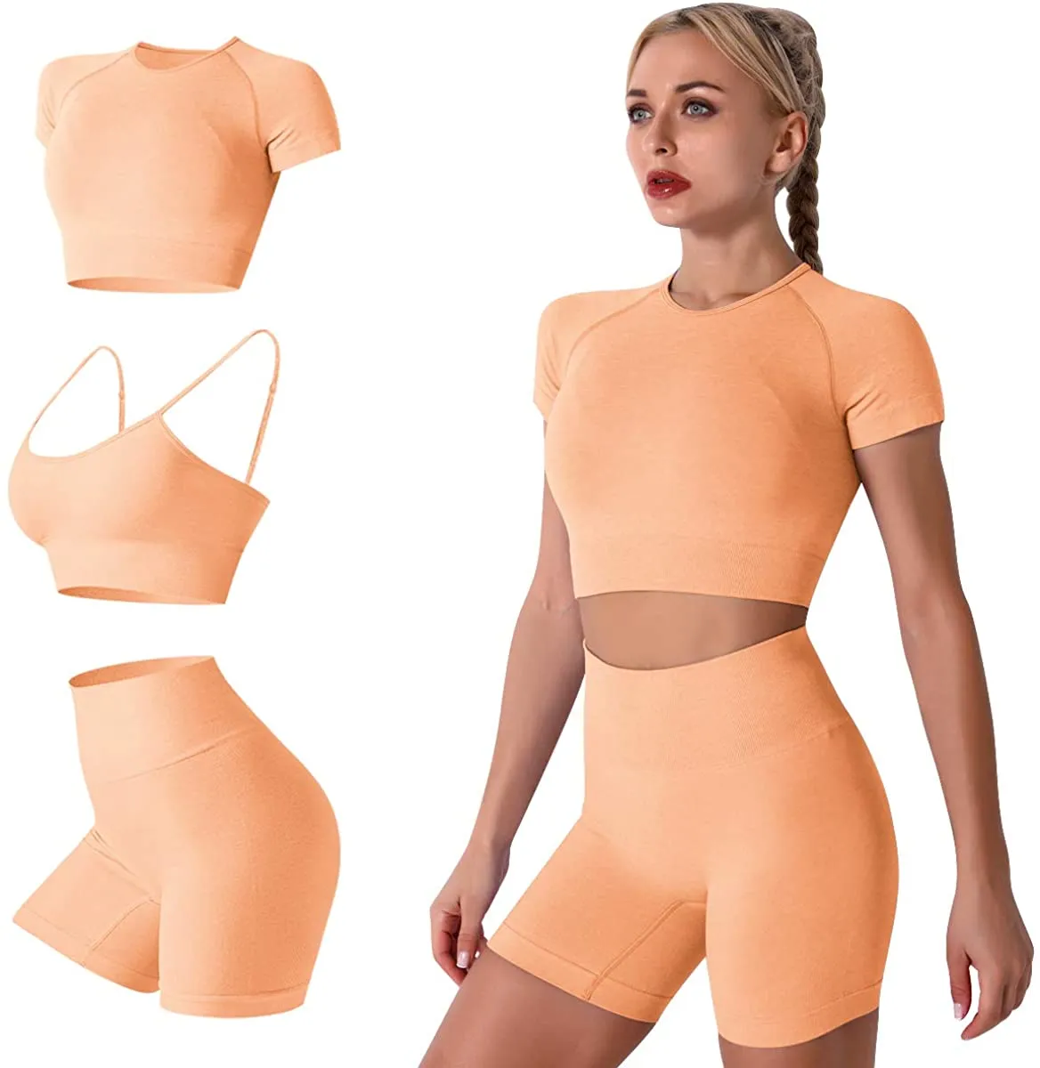 Women's Yoga Outfit Seamless Workout Set High Waist Exercise Shorts Pants with Sport Bra 3PCS Tracksuit Gym Tracksuits