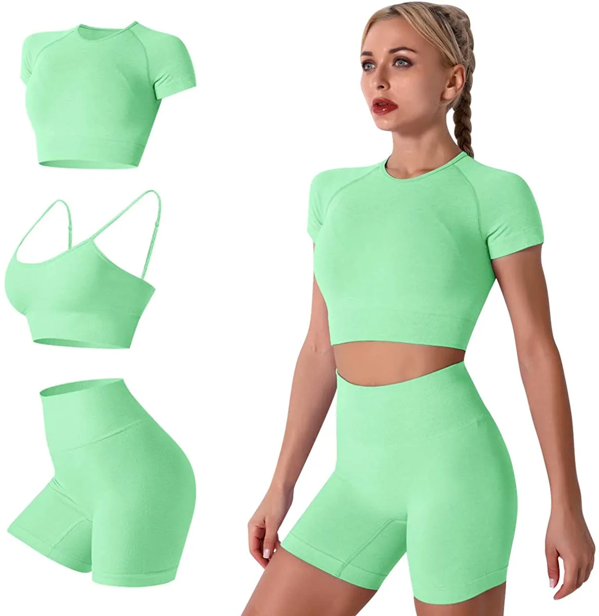 Women's Yoga Outfit Seamless Workout Set High Waist Exercise Shorts Pants with Sport Bra 3PCS Tracksuit Gym Tracksuits