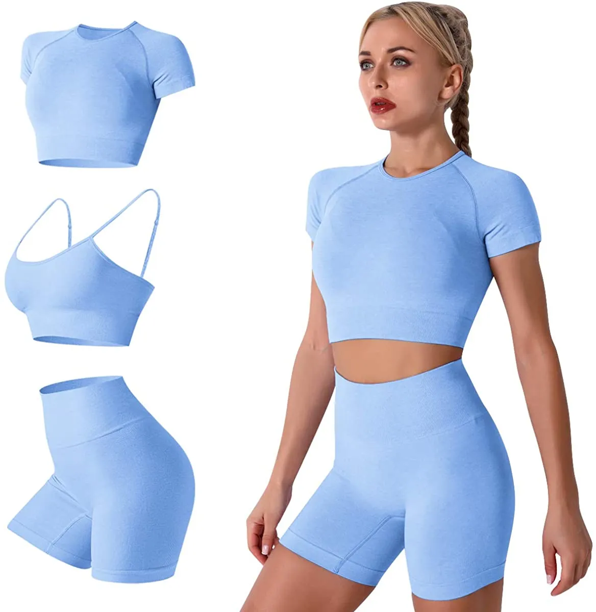 Women's Yoga Outfit Seamless Workout Set High Waist Exercise Shorts Pants with Sport Bra 3PCS Tracksuit Gym Tracksuits