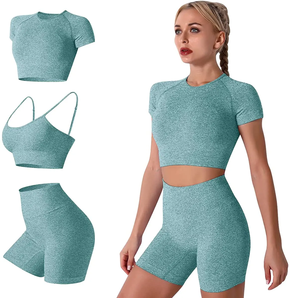 Women's Yoga Outfit Seamless Workout Set High Waist Exercise Shorts Pants with Sport Bra 3PCS Tracksuit Gym Tracksuits