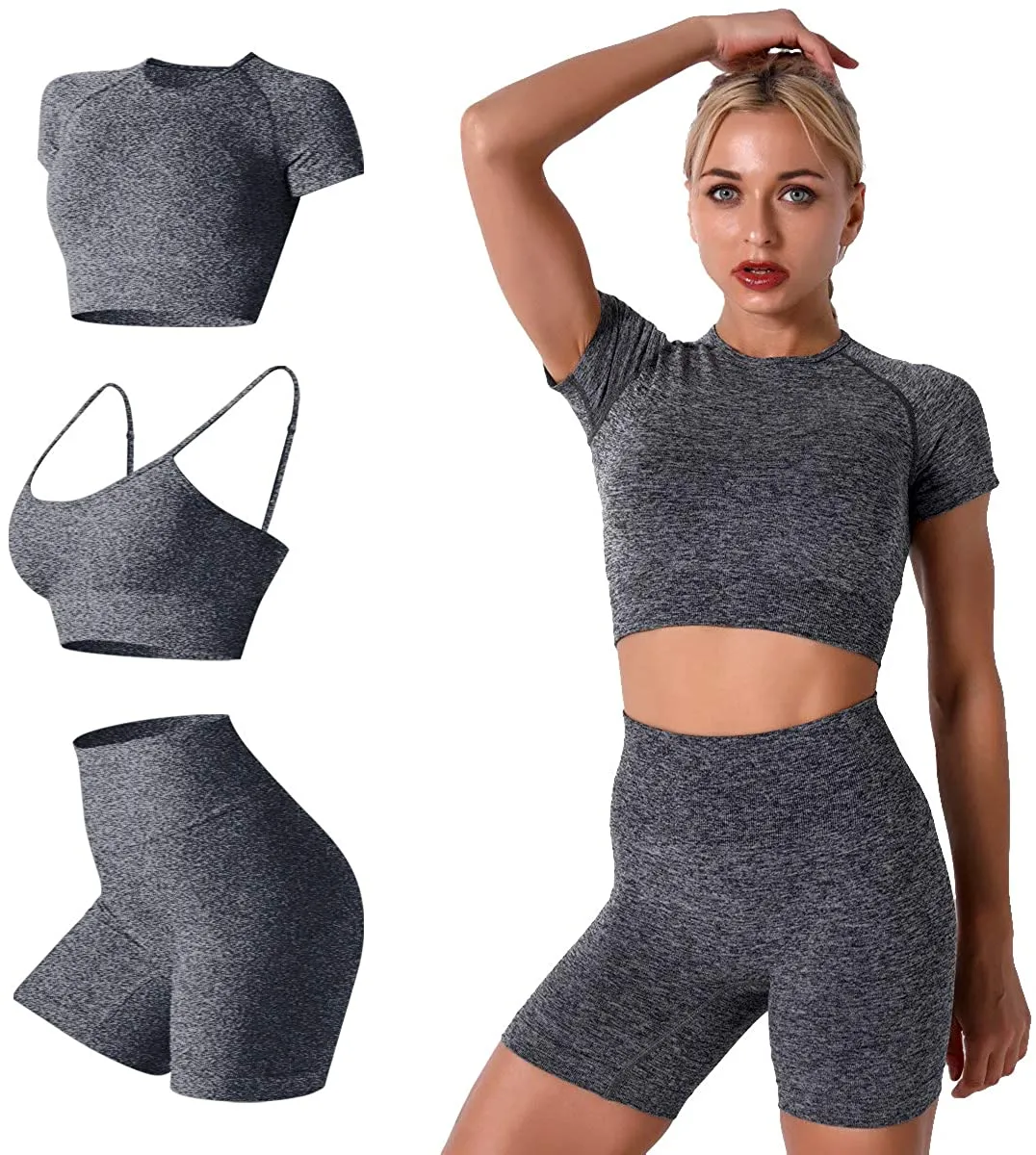 Women's Yoga Outfit Seamless Workout Set High Waist Exercise Shorts Pants with Sport Bra 3PCS Tracksuit Gym Tracksuits