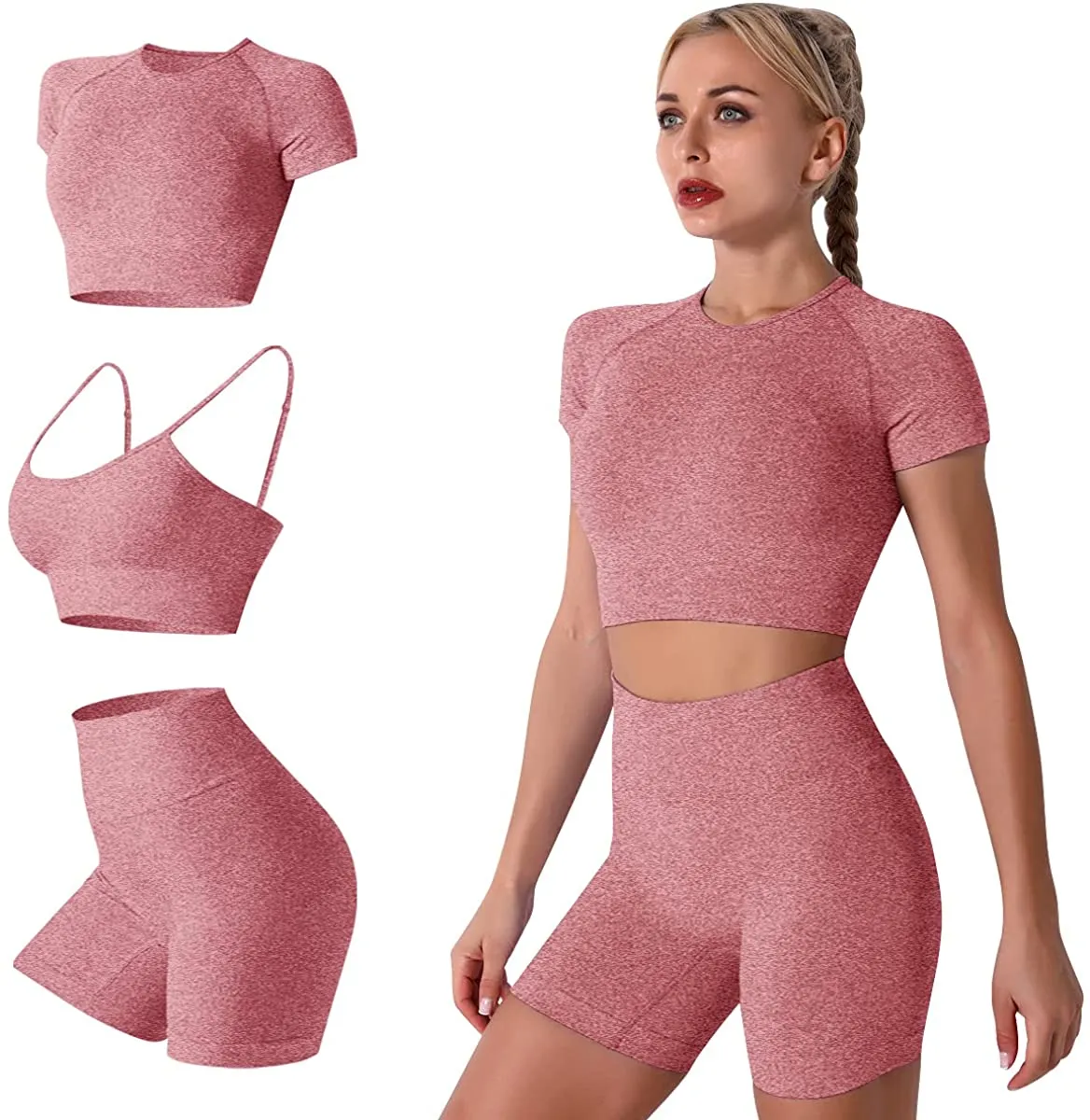 Women's Yoga Outfit Seamless Workout Set High Waist Exercise Shorts Pants with Sport Bra 3PCS Tracksuit Gym Tracksuits